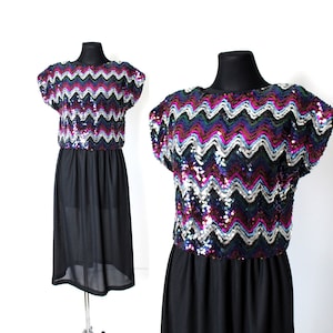 Vintage Toni Todd  Sequin Dress, 70's 80's Black Multicolor Party Disco Midi Dress made in USA - size Medium