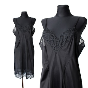 Vintage Schiesser delicate slipdress, Black Lace Night Gown Lingerie Sexy Maxi Slip Dress