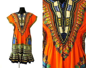 robe Dashiki vintage, Orange Green Pattern Tunic, African Ethnic Kaftan Dress, Hippie Traditional