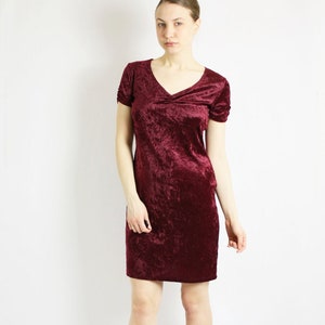 Vintage 80&#39;s 90&#39;s Borgonha Vinha Vermelho Esmagado Veludo Mini Vestido Curto Boneca de Manga Curta