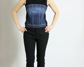 Vintage 90 39 s Blue Denim and Black Knit Turtleneck Sleeveless Sweater Top Corset Imitation Top