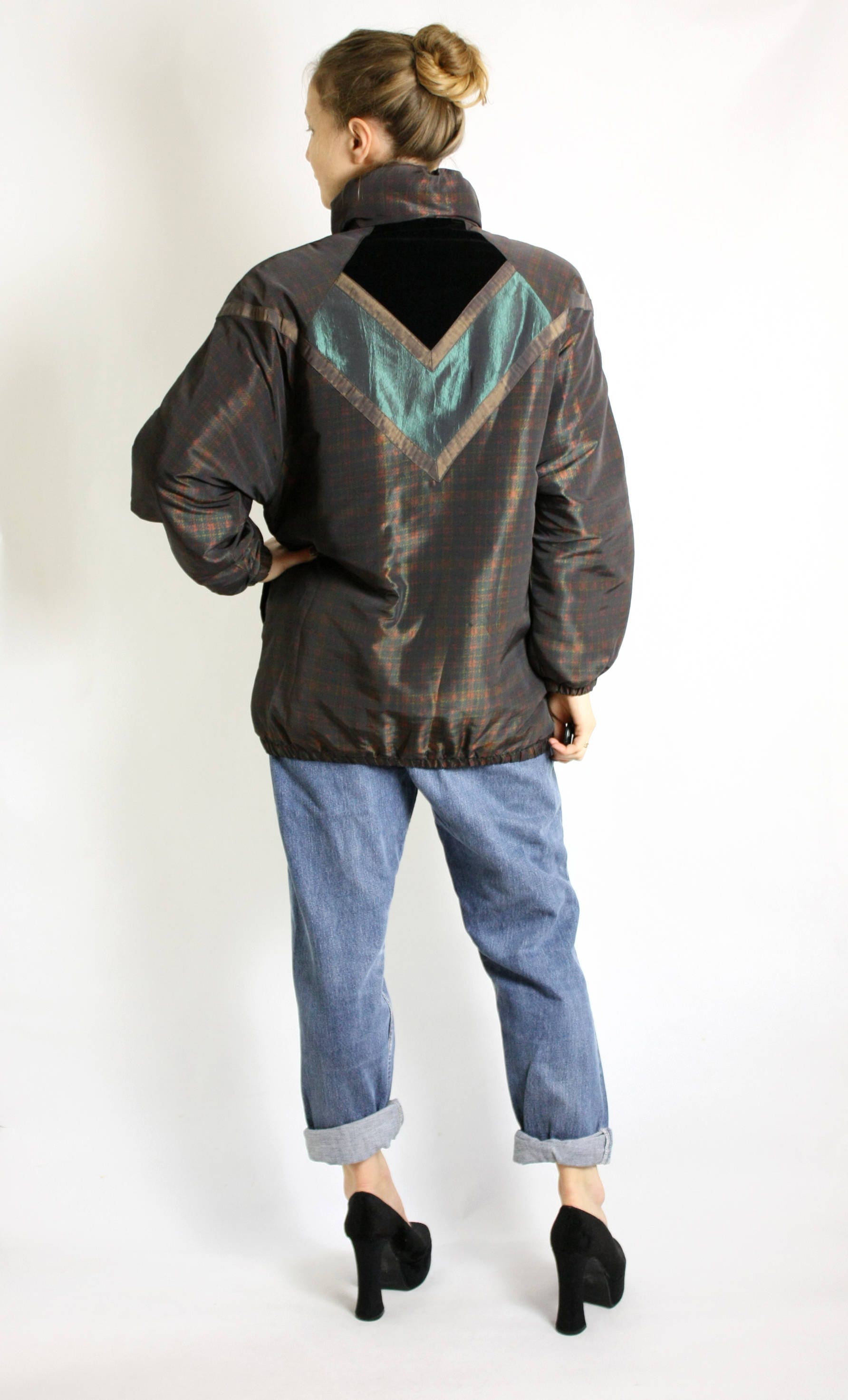 Vintage 80's 90's Brown Green Check Print Thin Puffy Parka Vintage 80's 90's Brown Green Check Print Thin Puffy Parka