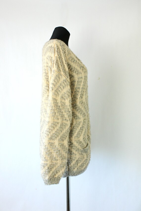 Vintage Chunky Knit Cardigan, Handmade Cream & Gr… - image 3