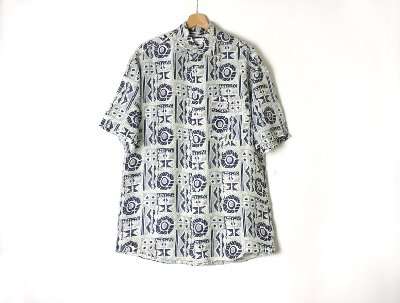 Vintage 80's 90's Silk Lightweight Men's Shirt, Abstract Print Collared Button Down Blue Shirt Boho short sleeves image 1