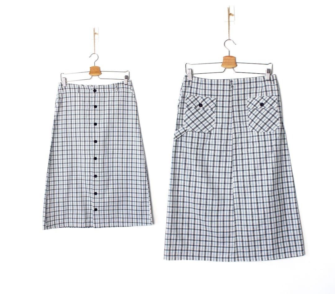 Cotton Plaid Cargo Skirt, Vintage 90's Blue White Check Aline Midi