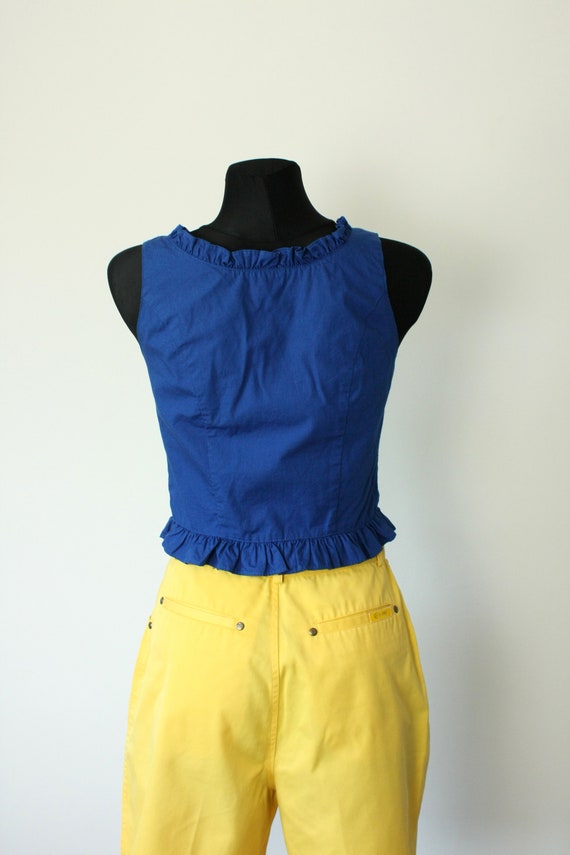 Vintage Blue Crop Top, 80s 90s Dirndl Blouse, Ruf… - image 3