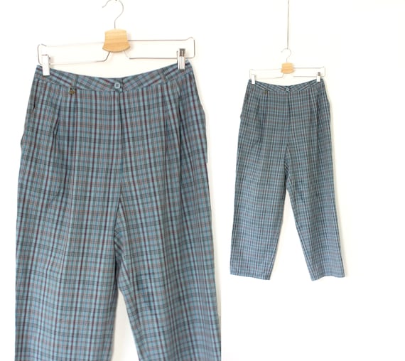 High waisted blue plaid pants sale