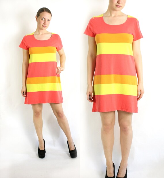 Vintage 90's Marimekko Striped Orange Yellow Red M