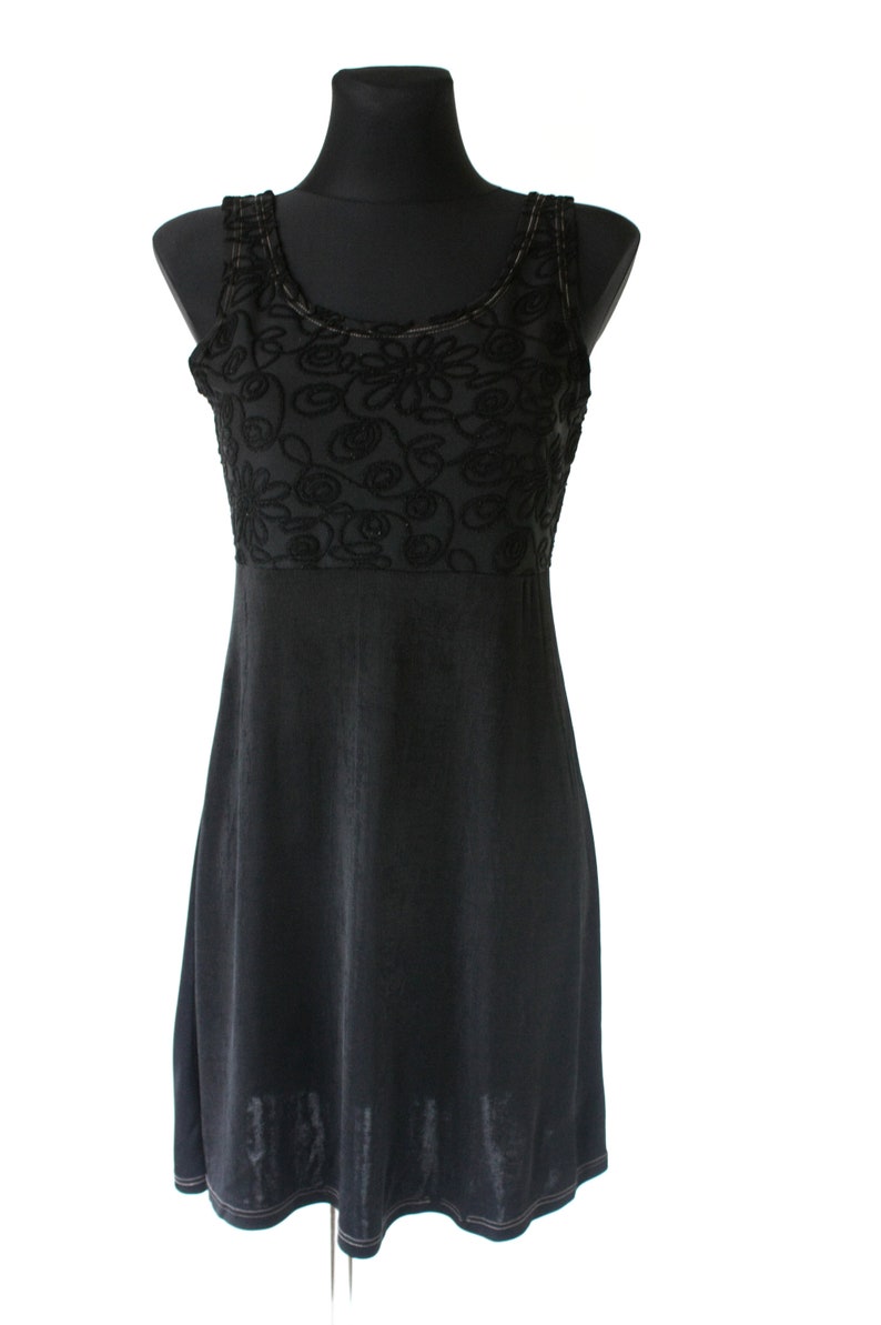 Small to Medium Black Skater Mini Dress Vintage 90/'s Black Slinky Baby Doll Dress Empire Waist