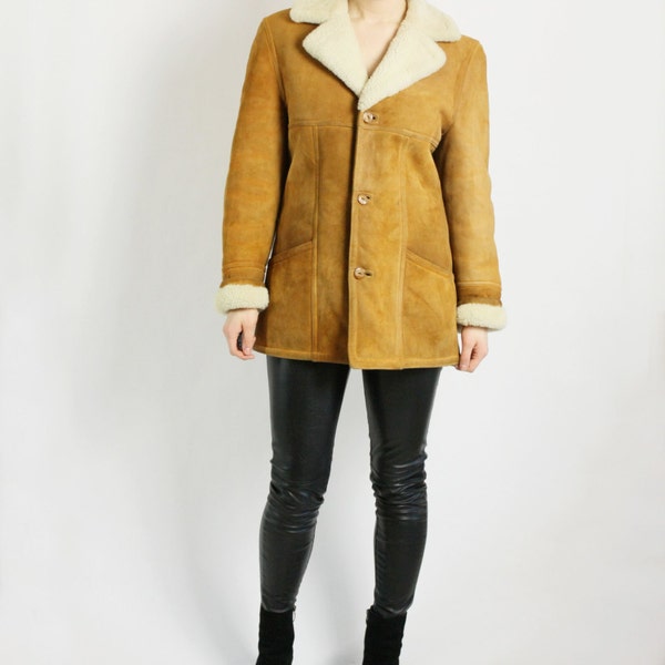 Vintage 70's 80's Camel Brown Sheepskin Shearling Leather Jacket Coat Unisex Men's Women's