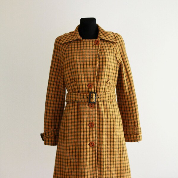 Vintage 70's 80's Yellow Black Checked Plaid Belted Midi Fitted Wool Blend Coat - size Medium