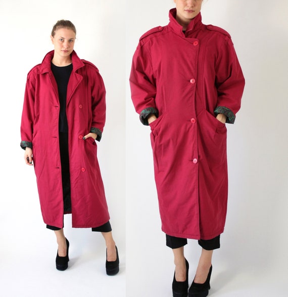 Red Long Puffer Coat, Vintage Padded Coat, 80's Ov