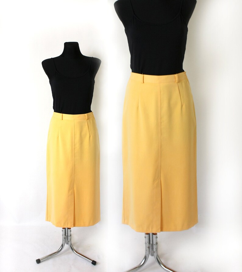 Vintage Yellow Pencil Skirt 80/'s Midi Skirt High Waisted Skirt