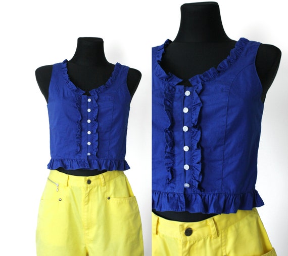 Vintage Blue Crop Top, 80s 90s Dirndl Blouse, Ruf… - image 1