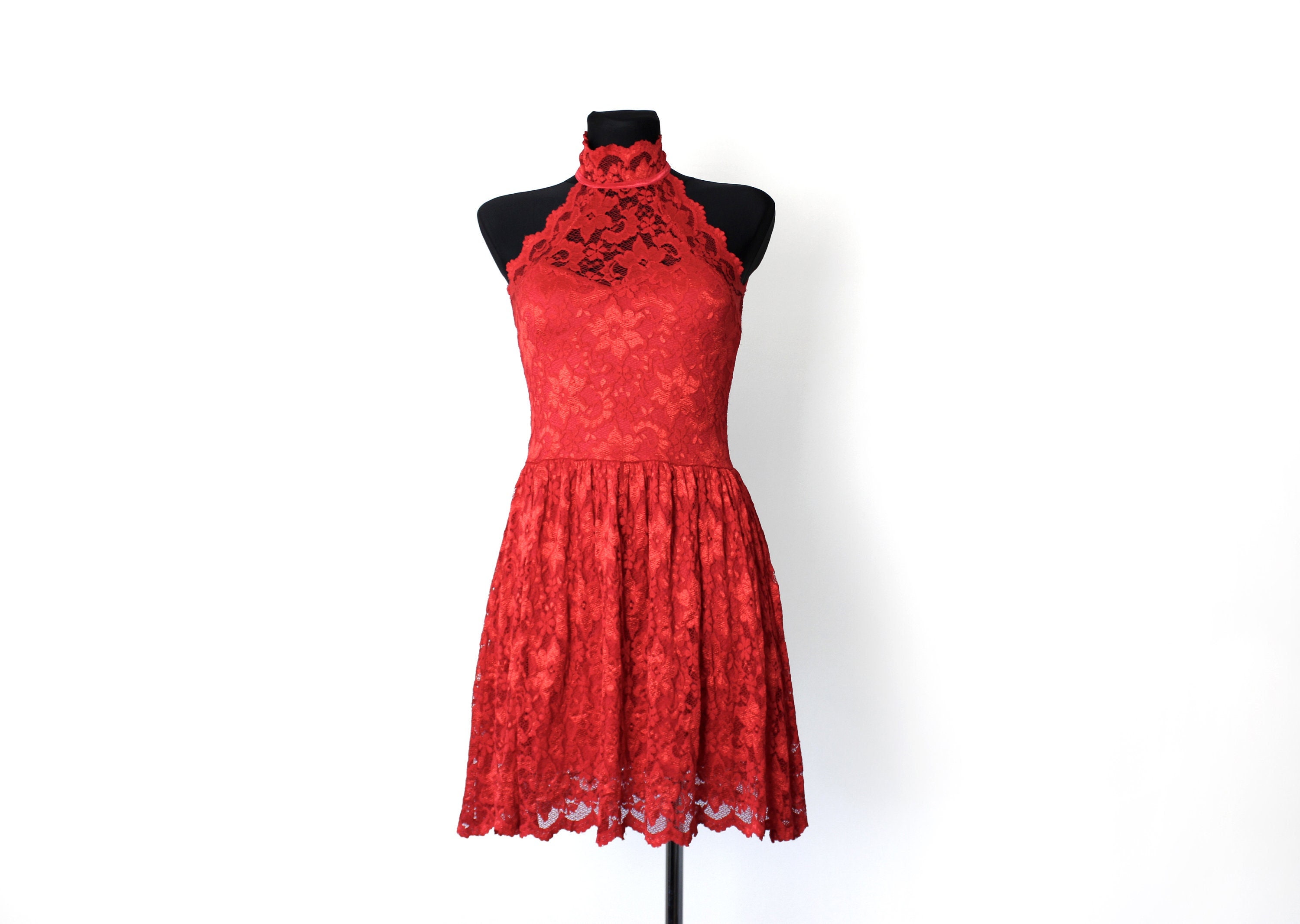Vintage Red Lace Halter Dress, Made in UK, Goth Mini Xs-S