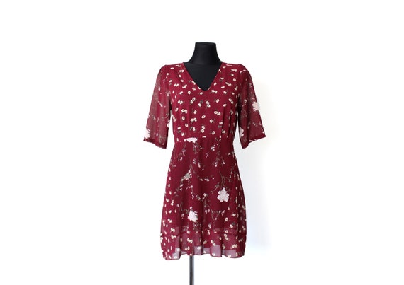 princess polly baby blue dress Mesh Burgundy Floral Dress, Vintage 90's Mini Sheer Dress Short Sleeve See Thru