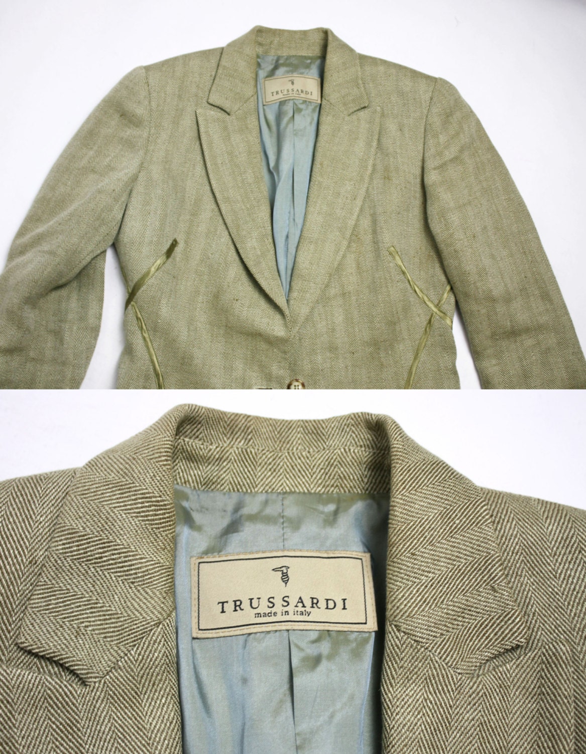 Vintage 80's 90'S Trussardi Beige Pure Linen Fitted Long Jacket