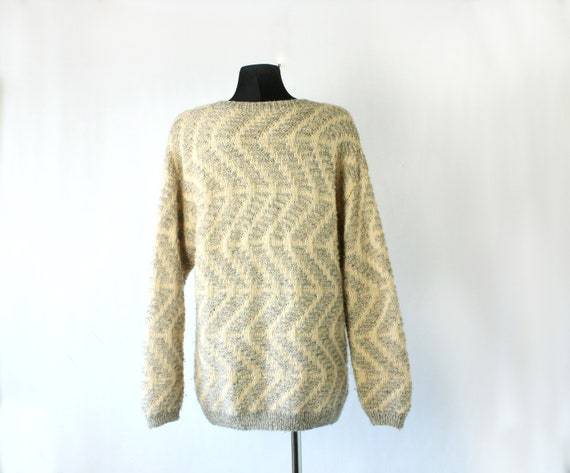 Vintage Chunky Knit Cardigan, Handmade Cream & Gr… - image 4