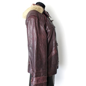 Vintage 70's 80's Leather Jacket with Faux Fur Hood, Toggle Buttons Burgundy Bomber Jacket image 2