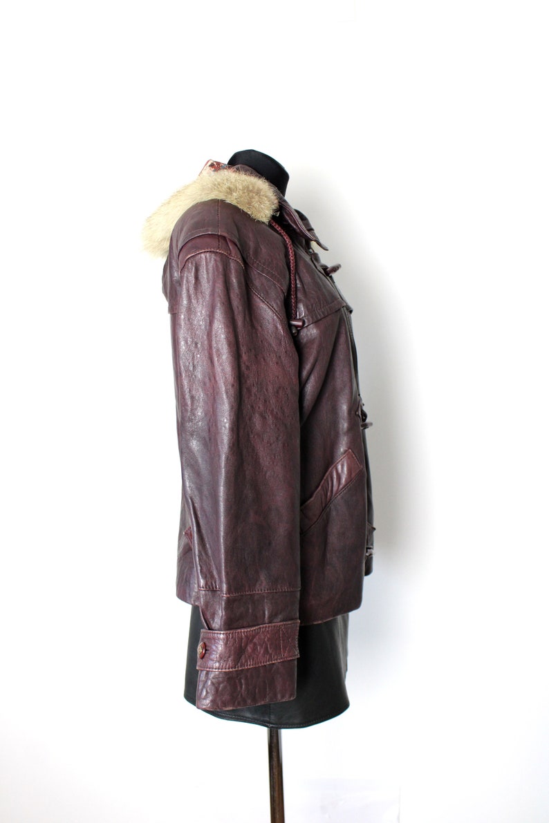 Vintage 70's 80's Leather Jacket with Faux Fur Hood, Toggle Buttons Burgundy Bomber Jacket image 2