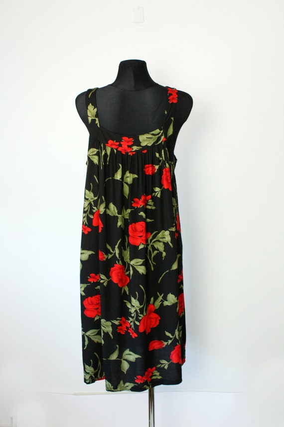 Vintage Roses Viscose Dress,  90's Red  Black Flo… - image 4