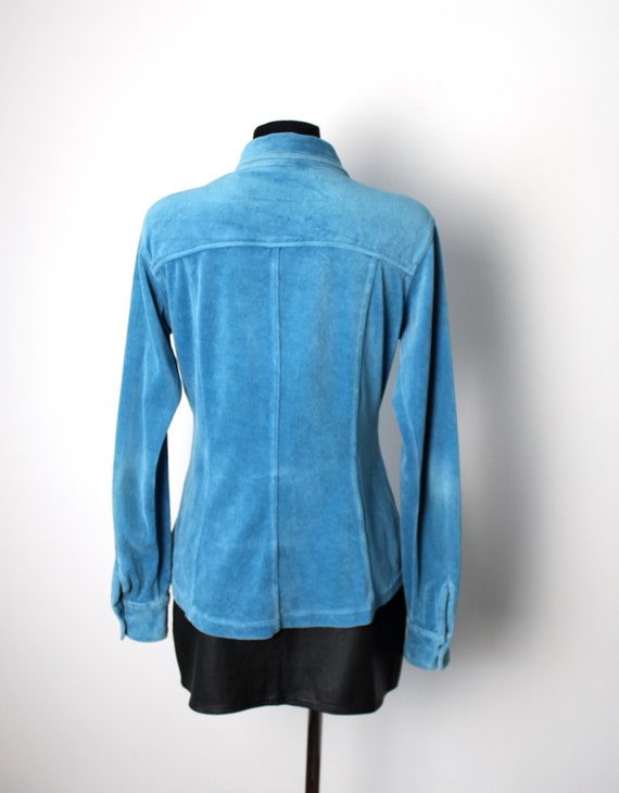 Vintage velvet turquoise shirt, 90's fitted butto… - image 3