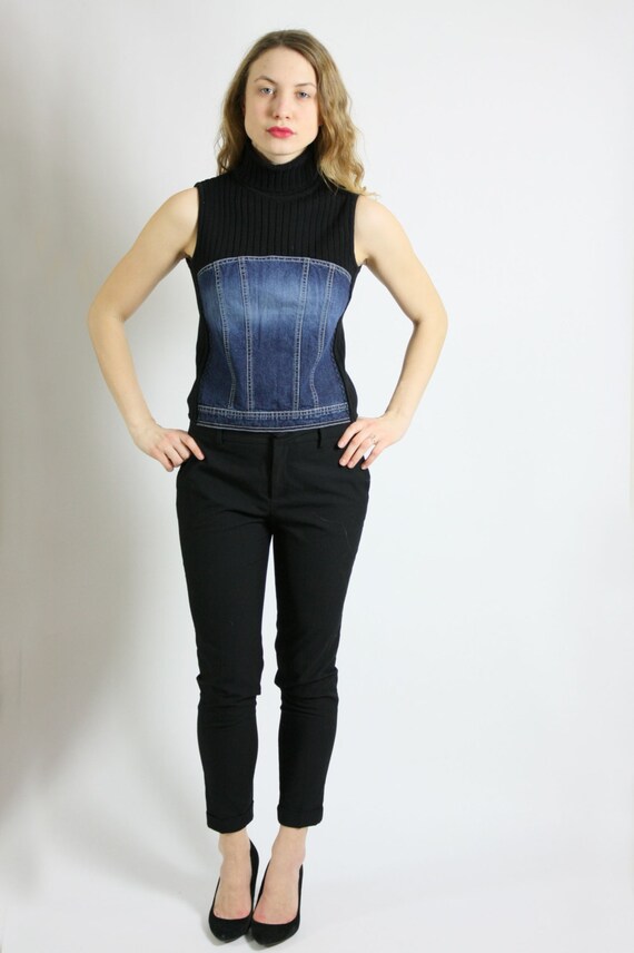 Vintage 90's Blue Denim and Black Knit Turtleneck
