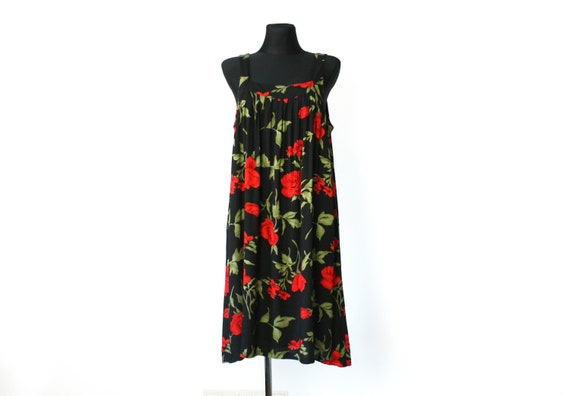 Vintage Roses Viscose Dress,  90's Red  Black Flo… - image 1