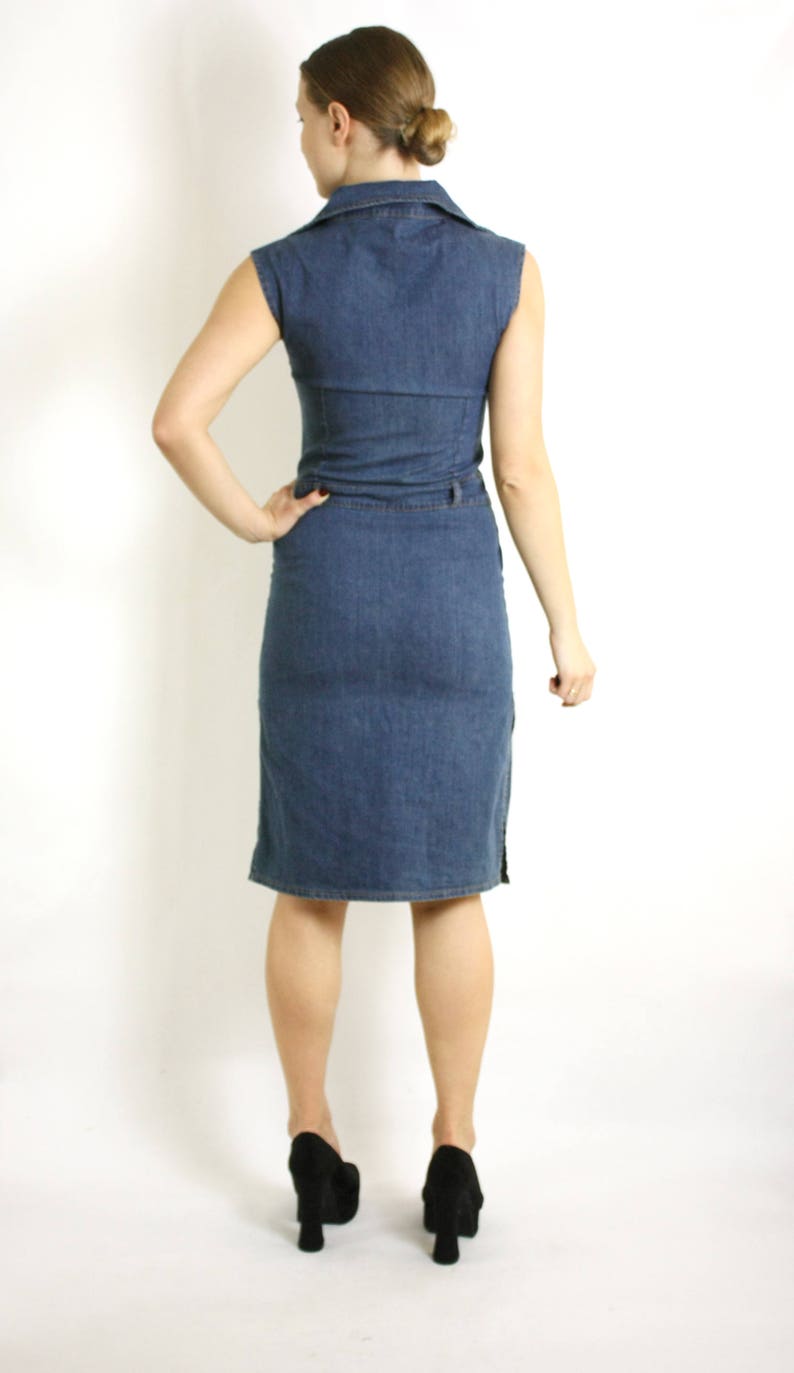 Vintage 90/'s Blue Denim Stretch Tight Romper Knee Length Dress