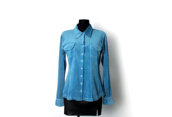 Vintage velvet turquoise shirt, 90's fitted butto… - image 1