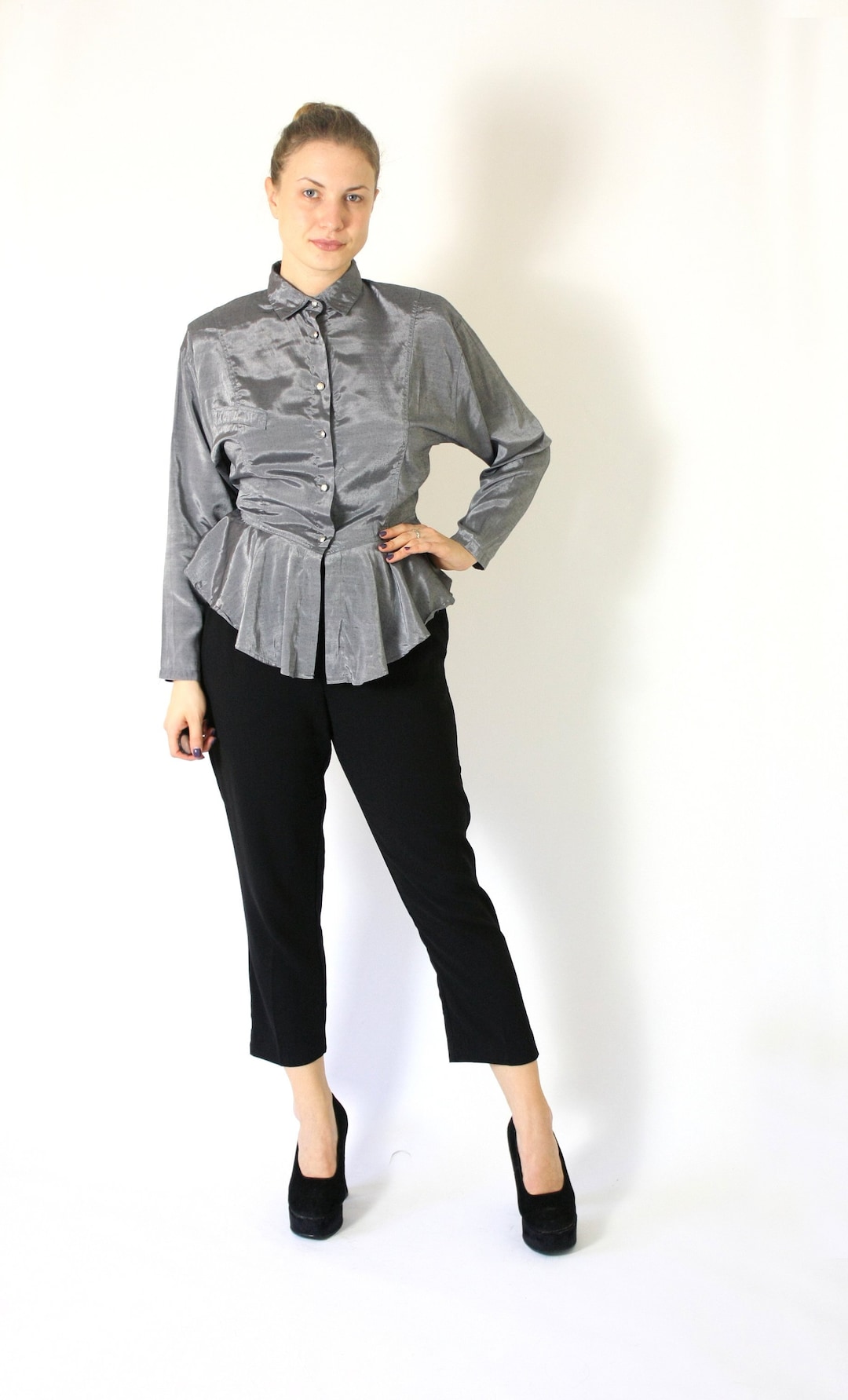 80's Front Zip Fitted Metallic Blouse