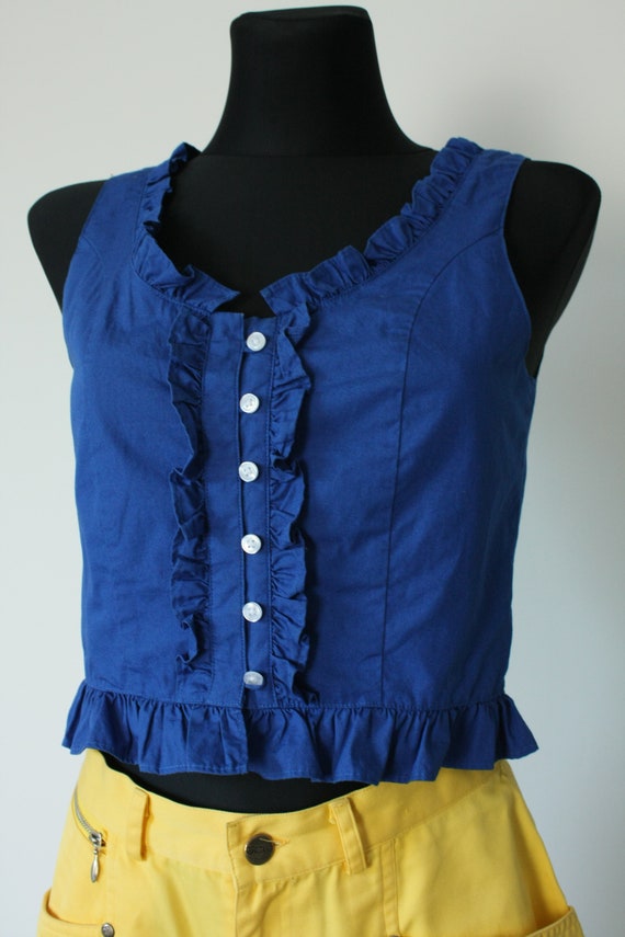 Vintage Blue Crop Top, 80s 90s Dirndl Blouse, Ruf… - image 4