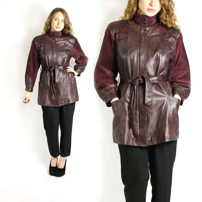 Vintage 70/'s 80/'s Brown /& Burgundy Leather Suede Belted Coat Jakcet Small to Medium