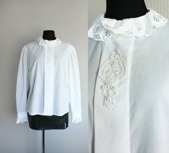 Vintage White Ruffled Loden Blouse, Victorian Lac… - image 1