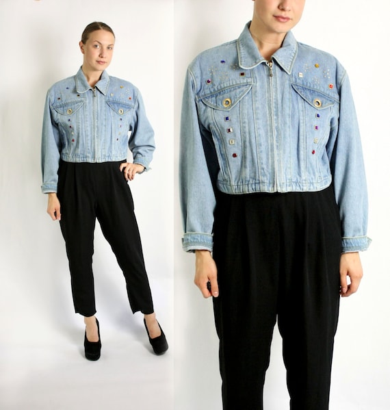 Vintage Betty Barclay 80 s 90 s Light Blue Denim Jean Crop Jacket With Colorful Rhinestones Large to Xlarge Etsy UK