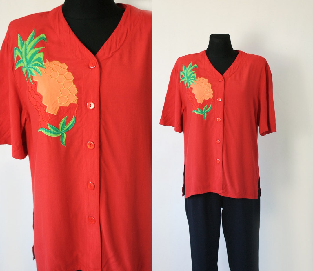 Vintage Red Shirt, 80's 90's Button Down Blouse, Pineapple Applique