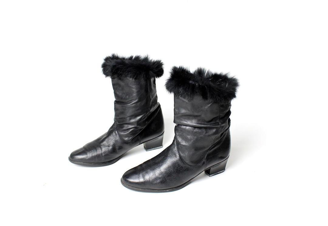 Fur Trimmed Leather Mid Calf Boots, Vintage 70's 80's Black Leather
