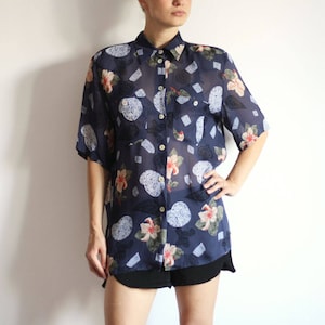 Vintage Women's 80's 90's Sheer Mesh Floral Button Up Collared Padded Blouse Shirt - size Small to Medium