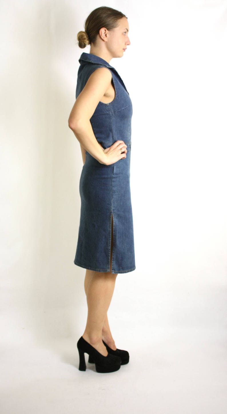 Vintage 90/'s Blue Denim Stretch Tight Romper Knee Length Dress
