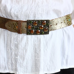 Vintage Art Deco Strass Paste echtes Leder Golden Gürtel schnalle Hippie Hipster Festival Gürtel