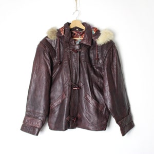 Vintage 70's 80's Leather Jacket with Faux Fur Hood, Toggle Buttons Burgundy Bomber Jacket image 5