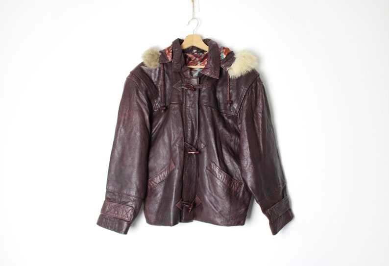 Vintage 70's 80's Leather Jacket with Faux Fur Hood, Toggle Buttons Burgundy Bomber Jacket image 5