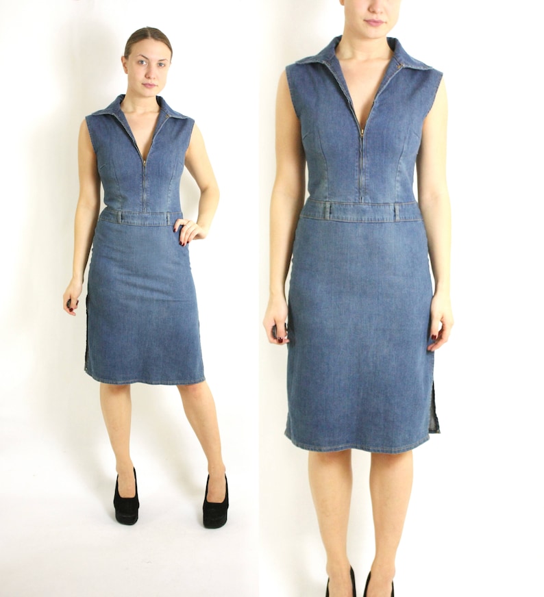 Vintage 90/'s Blue Denim Stretch Tight Romper Knee Length Dress