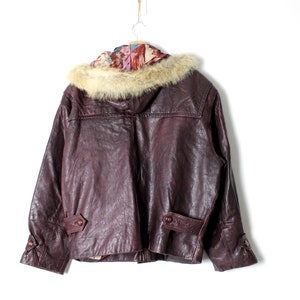 Vintage 70's 80's Leather Jacket with Faux Fur Hood, Toggle Buttons Burgundy Bomber Jacket image 6