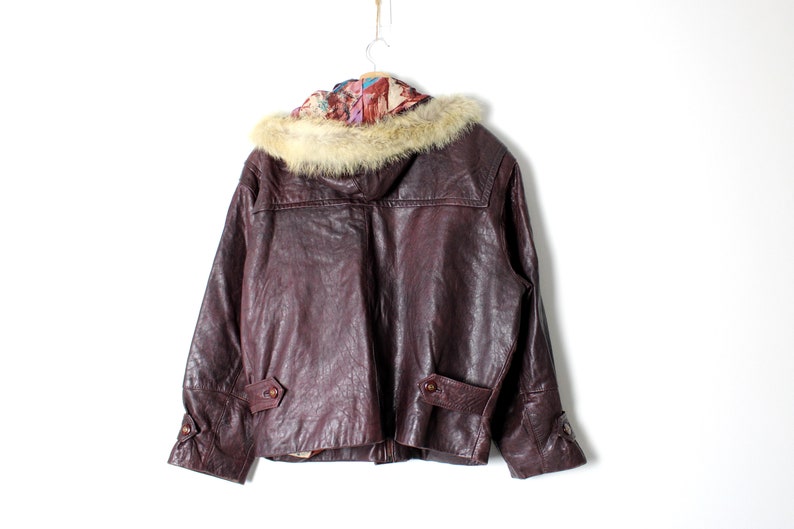 Vintage 70's 80's Leather Jacket with Faux Fur Hood, Toggle Buttons Burgundy Bomber Jacket image 6