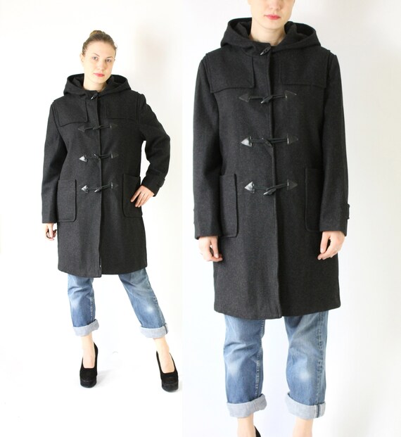 Vintage Charcoal Grey Wool Duffel Coat, Toggle Coa