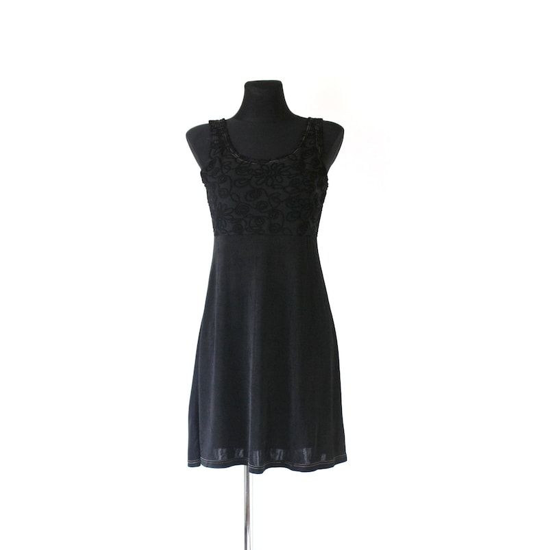 Small to Medium Black Skater Mini Dress Vintage 90/'s Black Slinky Baby Doll Dress Empire Waist