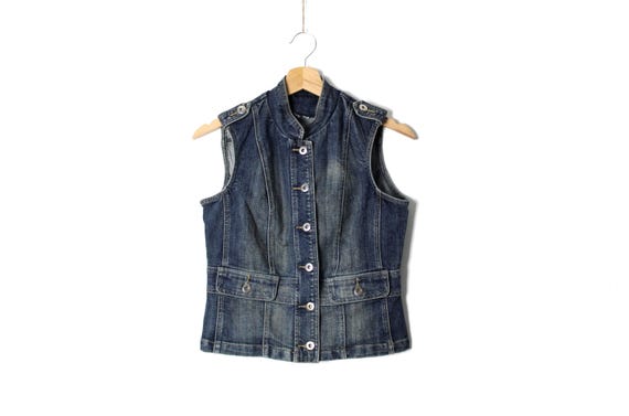 Vintage Denim Marching Band Vest, Fitted Mandarin Collar Jean Waistcoat Steampunk