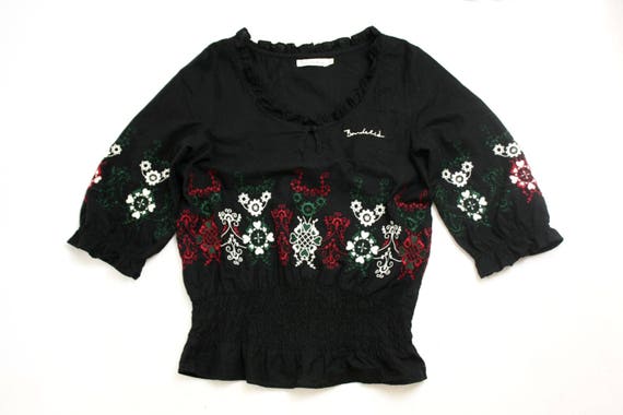 Black Peasant Top Small Vintage 90/'s Black Embroidered Bohemian Gypsy Blouse