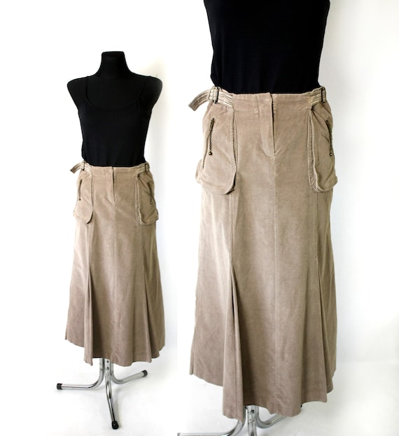 Vintage Italian Corduroy Maxi Skirt, Beige Cargo F